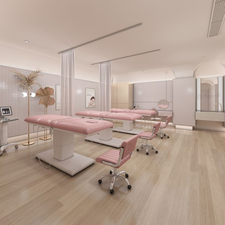 #beautybed Beauty Training Room, Pink And White Lash Room, Pink Nail Salon Interior, Pink And Grey Salon, Esthetician Room Divider, Pink Waiting Area, Beauty Bed Salon, Esthetician Front Desk, Pink Spa Aesthetic