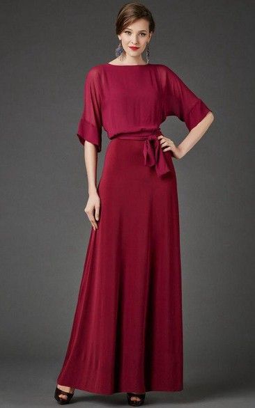 Bateau Bat Half Sleeve A-line Pleated Chiffon Long Dress With Sash Flowy Belted Maxi Dress For Party, Chiffon Belted Dress For Party, Chiffon Tie Waist Maxi Dress, Chiffon Maxi Dress With Tie Waist, Chiffon Maxi Length Dress With Tie Waist, Elegant Chiffon Belted Dresses, Chiffon Evening Dress With Flowy Skirt, Evening Chiffon Dress With Flowy Skirt, Cocktail A-line Chiffon Maxi Dress