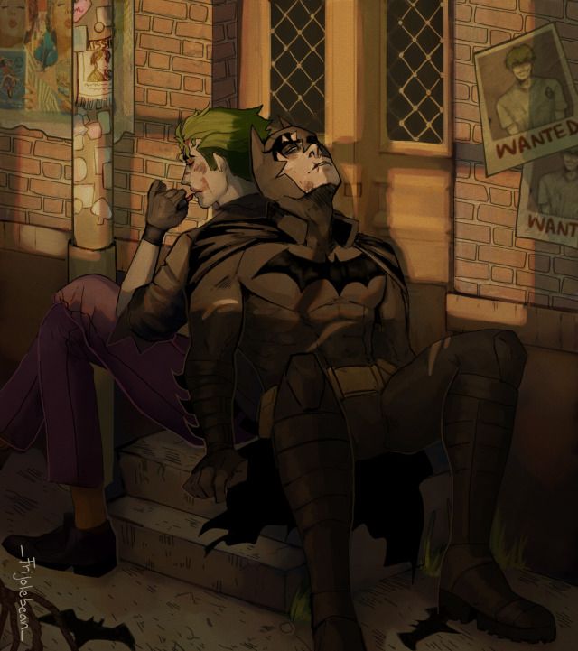 two cartoon characters sitting on steps in front of a brick building, one with green hair and the other wearing black