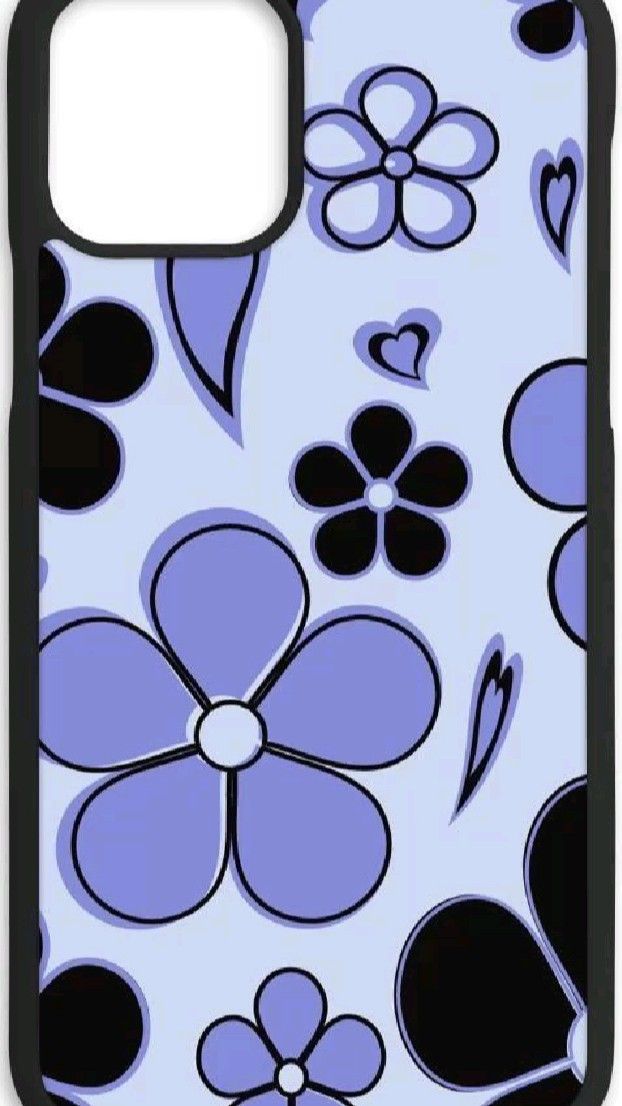 an iphone case with flowers and hearts on the front, in blue and black colors