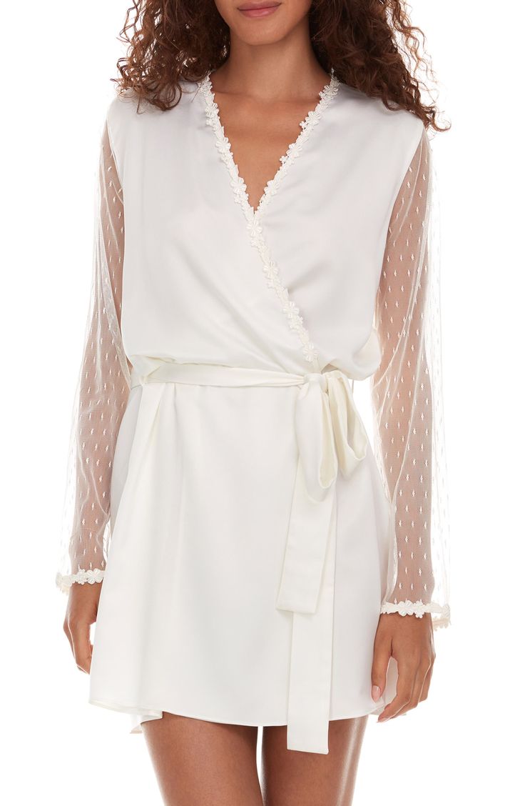 Transform the atmosphere of an evening when you slip into this satin robe traced by metallic lace and framed by utterly sheer mesh. 34" length (size Medium) Long sleeves Removable tie belt 85% nylon, 15% metallic fibers with 100% polyester contrast Hand wash, line dry Imported Lingerie Latex, Bridal Getting Ready, Bridal Chemise, Long Bridal Robe, Silk Bridal Robe, Bridal Robe Lace, Silk Robe Long, Lace Bridal Robe, Flora Nikrooz