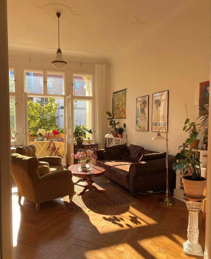 a living room filled with lots of furniture and windows covered in sunlight shining through them