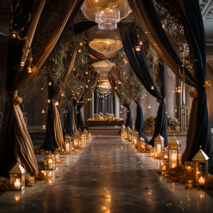 a long hallway decorated with candles and drapes