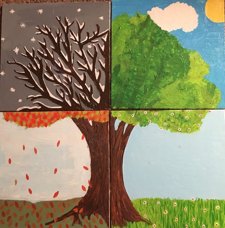 four paintings of trees with leaves and stars on them, each painted in different colors