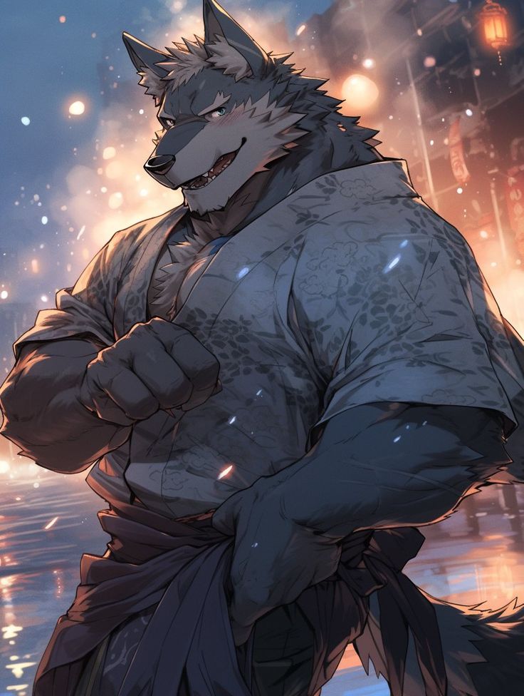 a wolf standing in the snow with his hands on his hips