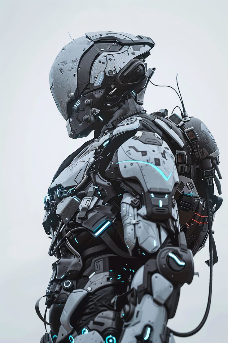 #Cyberpunk #MilitaryMech #ArmorSuit #BlackAndWhite #BlueAccents #Futuristic #TheCandie Cyberpunk Mech Suit, Futuristic Armor Concept Art, High Tech Armor, Sci Fi Suit, Sci Fi Soldier, Sci Fi Military, Cyberpunk Robot, Mech Armor, Futuristic Military