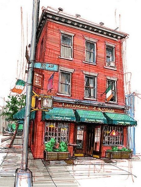 a drawing of a red brick building with green awnings on the street corner