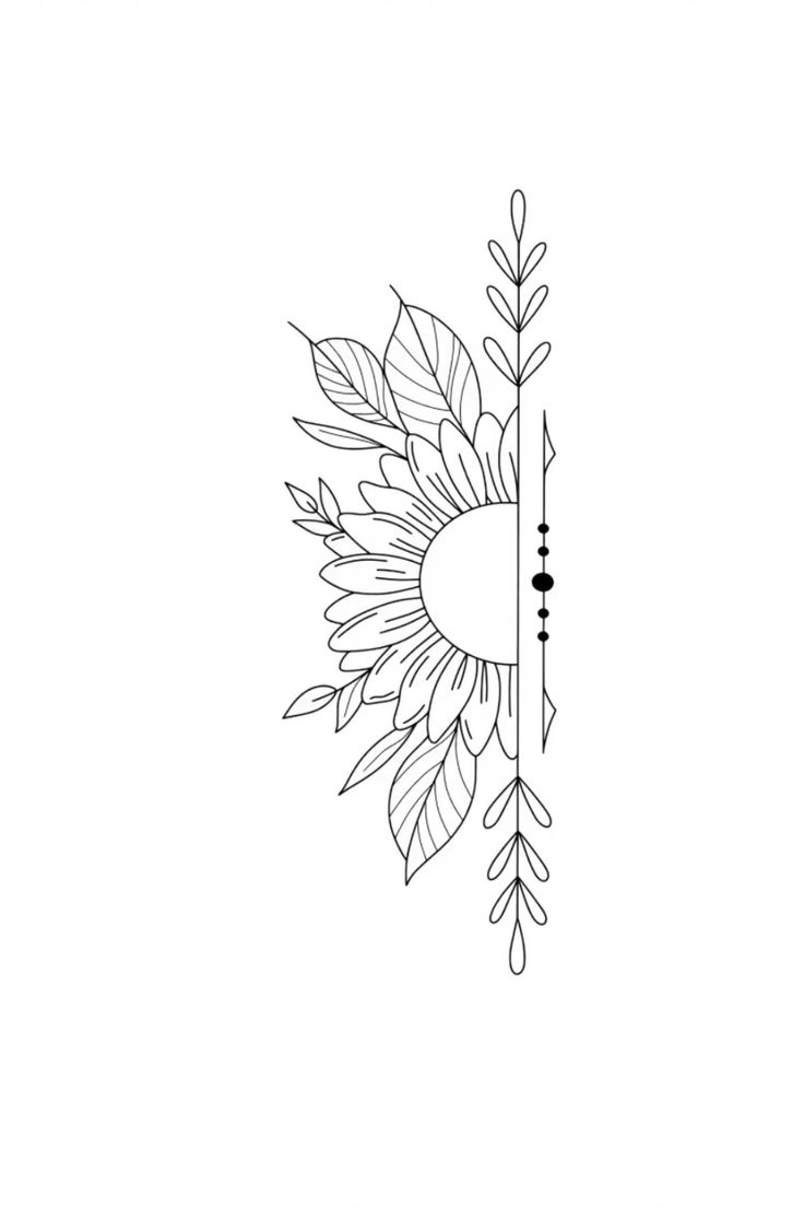 a black and white drawing of a sunflower with leaves on it's side