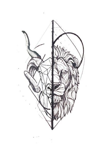 a drawing of a heart with a lion's head on it and an arrow in the middle