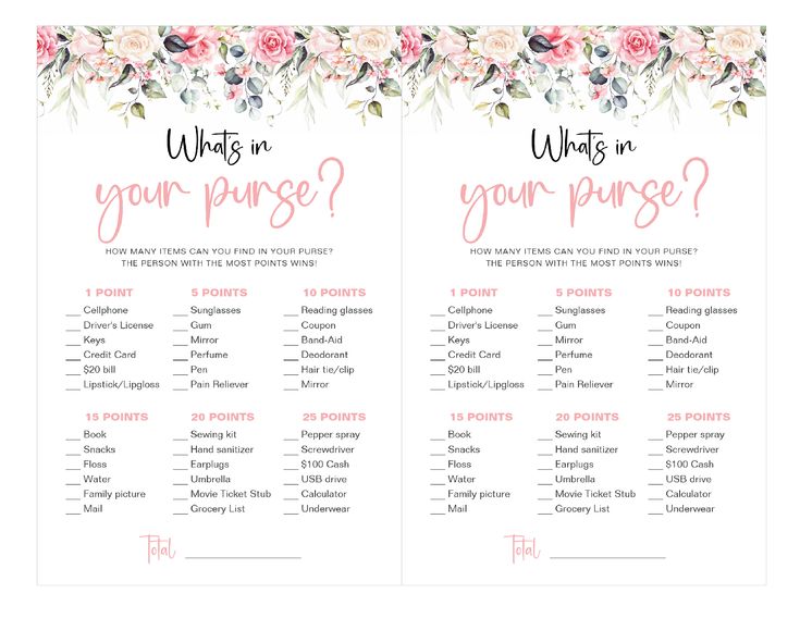 the wedding game is shown with pink flowers and greenery on it, which says what's in your purse?