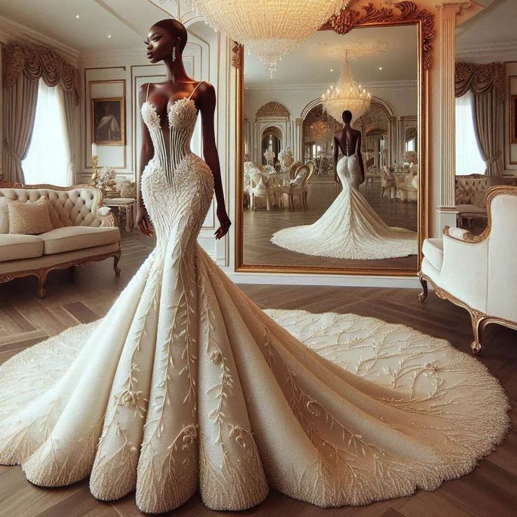 a woman standing in front of a mirror wearing a wedding dress