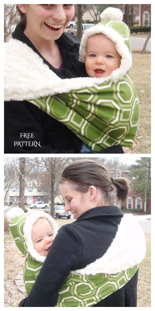 a woman holding a baby wrapped in a green and white wrap with the words free pattern on it