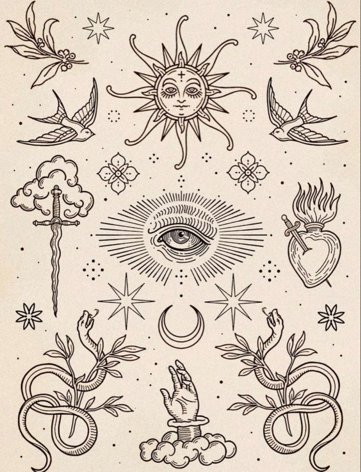 an old fashioned tattoo design with sun, moon and other symbols