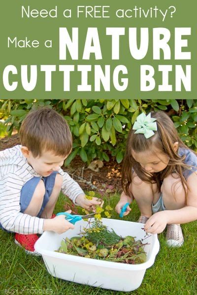 two young children playing with plants in a container and text overlay reads, need a free activity? make a nature cutting bin