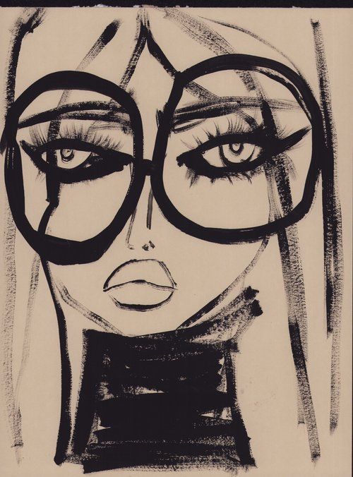 a black and white drawing of a woman's face with glasses on her head