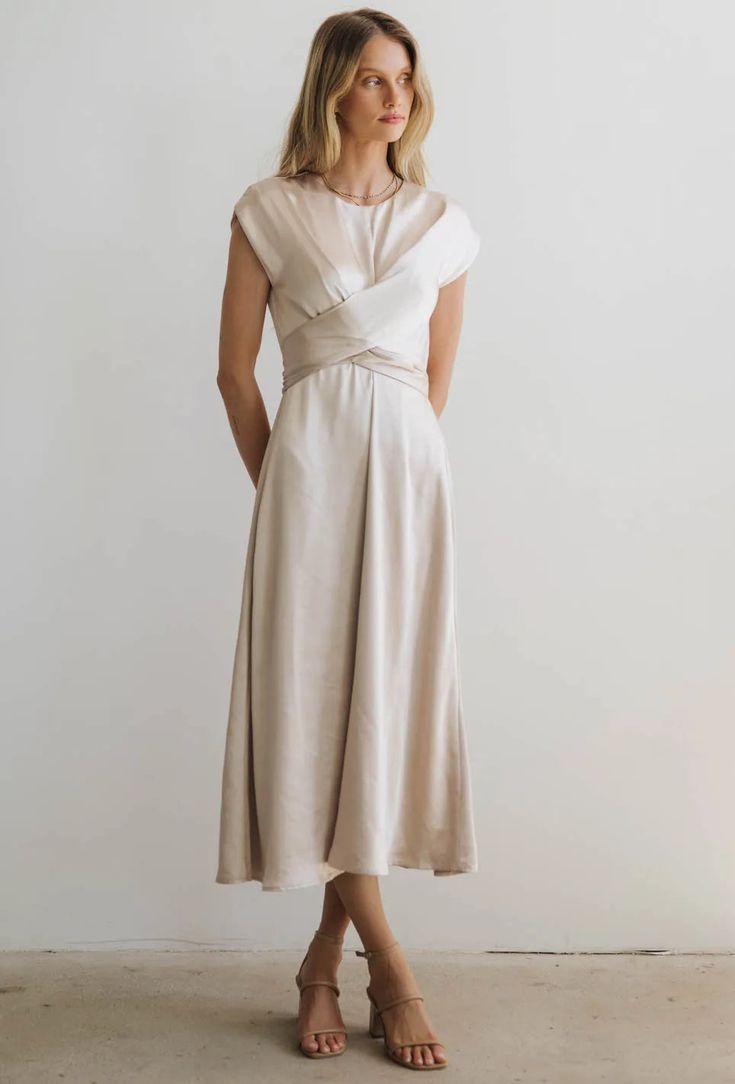 Rosalind Midi Dress in Champagne Cute Midi Dress, Off White Midi Dress, Elegant Midi Dress Classy Simple, Simple Reception Dress, Satin Dress Outfit Classy, Elegant Midi Dress Classy, Bohme Dress, Officiant Attire, Midi Dress Classy