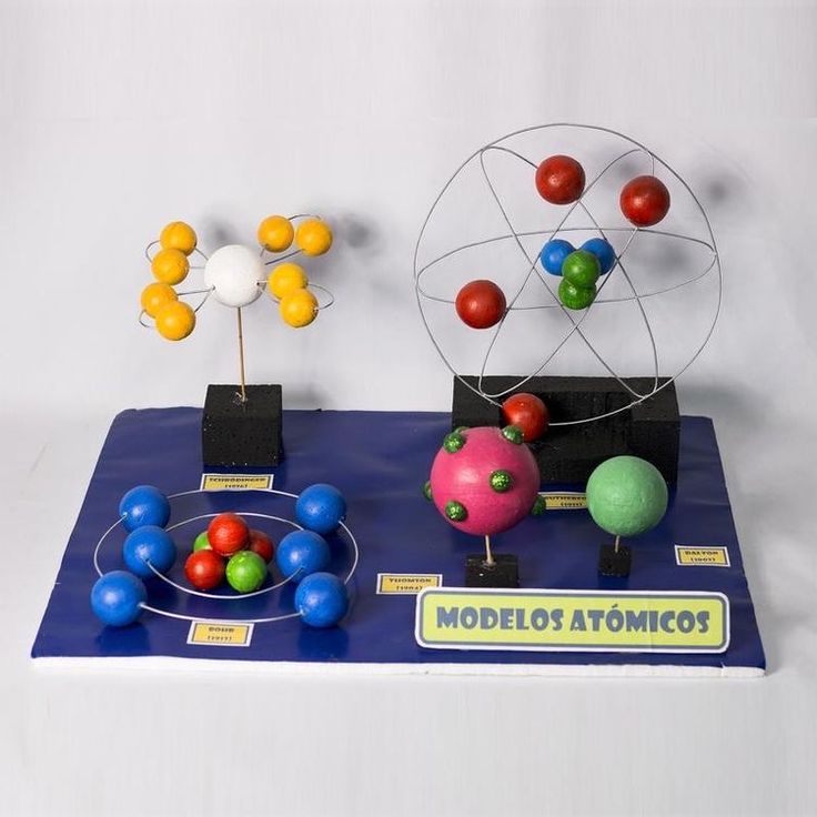 an assortment of colorful balls and magnets on a blue tablecloth with a sign that says modelos atomicos