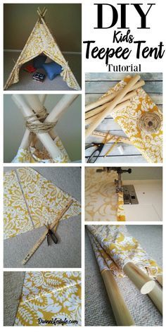 the instructions for how to make a diy teepee tent with fabric and wood