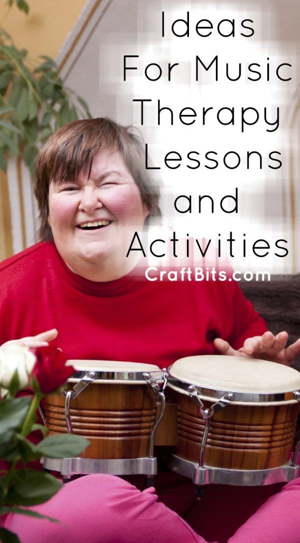 a woman sitting on the floor with two drums in front of her and text overlay that reads ideas for music therapy lessons and activities