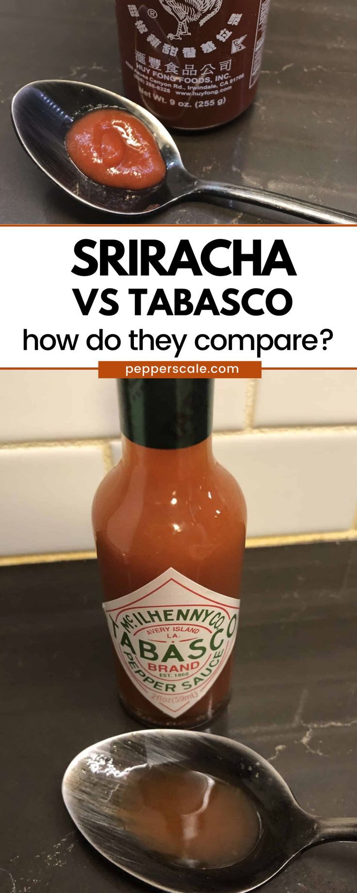 two spoons with sauce on them and the words sriracha vs tabasco how do they compare?