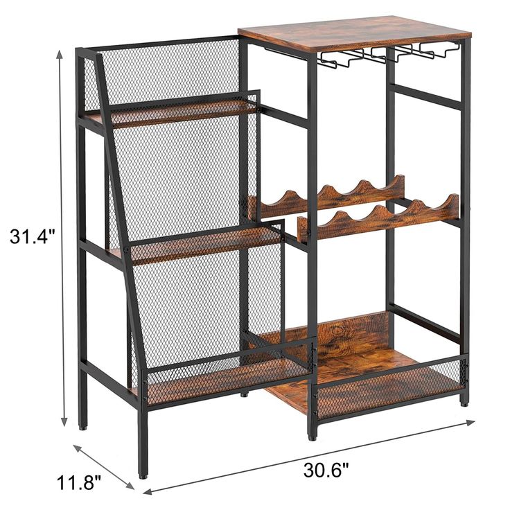 three tiered shelving unit with wooden shelves and metal mesh dividers on each shelf