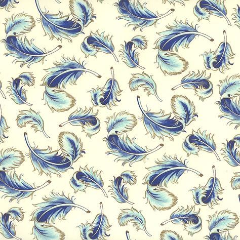 a blue and white pattern with feathers on it