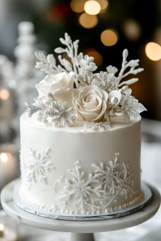 a white frosted cake decorated with flowers and snowflakes