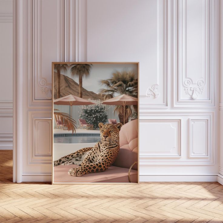 a leopard sitting on top of a pink chair in front of a wall with palm trees