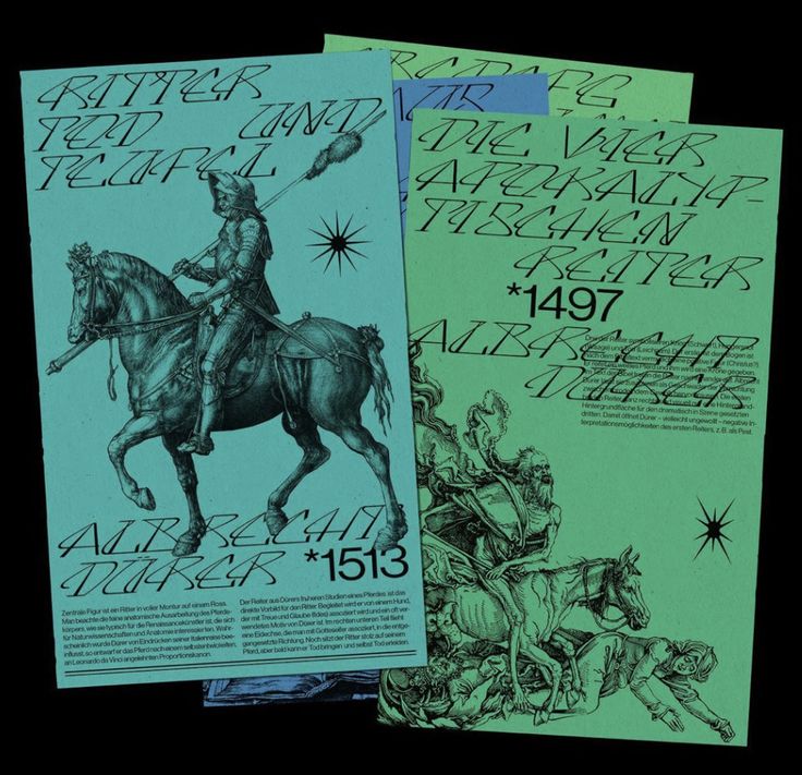 three posters with writing on them in green and blue colors, including an image of a man riding a horse