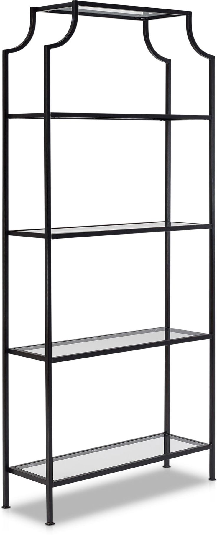 a black metal shelf with glass shelves