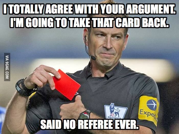 a man holding a red card in his right hand and the caption says, i'm going to take that card back said no reference ever