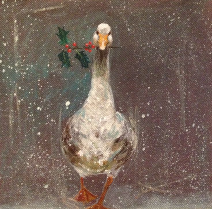 a painting of a duck standing in the snow with holly on it's head