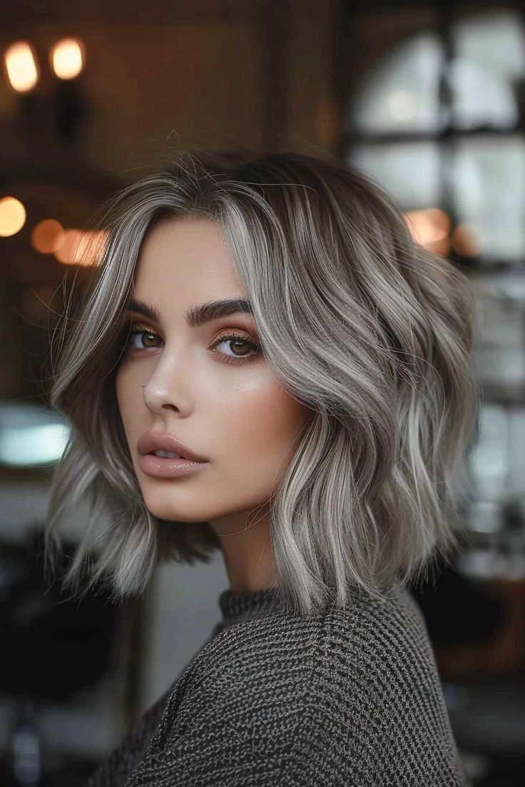 36 Stunning Silver Hairstyles That Will Make You Fall in Love with Gray Hair Grey Salt And Pepper Hair, Autumn Hair Colours For Short Hair, Going Grey Hairstyles, Blended Grey Hair, Warm Grey Hair Color, Blonde Grey Balayage, Blended Grey Hair Highlights, Short Hair Colour Ideas, Gray Hair Bob