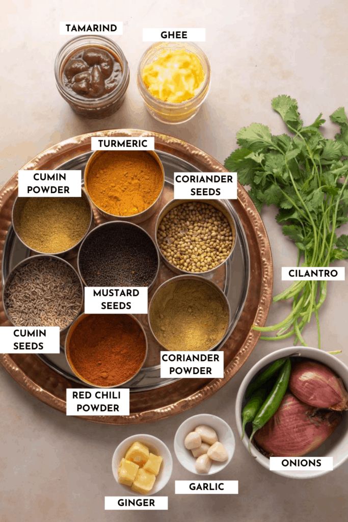 an overhead view of different spices and seasonings on a plate with the names in each