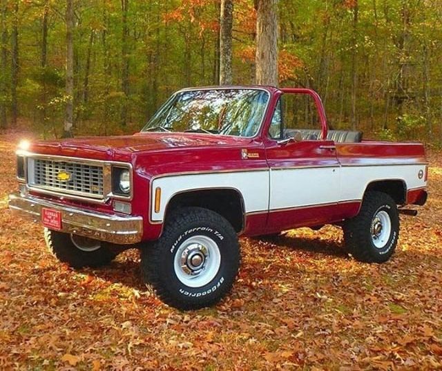 an old red and white truck parked in the middle of a forest filled with leaves