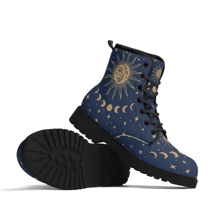 We love all things celestial! These blue boots with tan sun and moon face and moon phases are so fun to wear and will be a new favorite for your witchy, psychic, star-gazing wardrobe.  The entire design is printed onto white base boots. Mens and Womens Vegan Leather Boots  Blue Sun Boots, Moon Phase Boots, Celestial Boots, Ankle Boots, Combat Boots, Mens Boots, Witchy Womens Boots These boots will help to express your personality. You may even get comments from strangers. Most local shoe stores don't carry footwear with designs as unique as this. In fact, you can't buy these anywhere else.  All of our boots are custom-made-to-order and handcrafted to the highest quality standards. !!NOTE!!   * The design is printed with standard ink. No metallic ink or foil is used. * The edges of the piec Celestial Boots, Sun And Moon Face, Boots Moon, Shoe Stores, Vegan Leather Boots, Boots Combat, Star Boots, Star Gazing, Moon Face