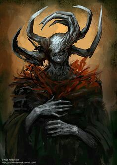 a painting of a demon with his hands on his chest