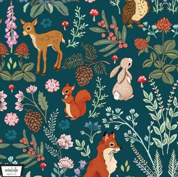 Forest Adventure Fabric featuring cute woodland animals on a deep green background. From Michael Miller Fabrics Midnight Forest, Belle And Boo, Forest Adventure, Woodland Forest, Michael Miller Fabric, Woodland Animal, Michael Miller, Whimsical Illustration, The Midnight