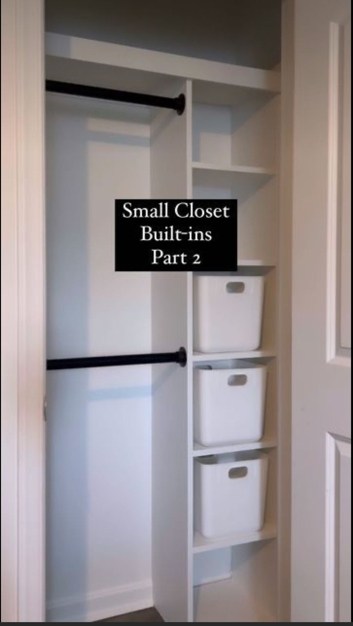 small closet built ins part 2 with white bins and black handle bar on the bottom shelf