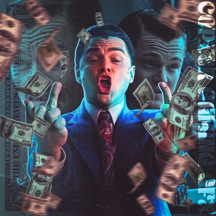 a man with his mouth open surrounded by money