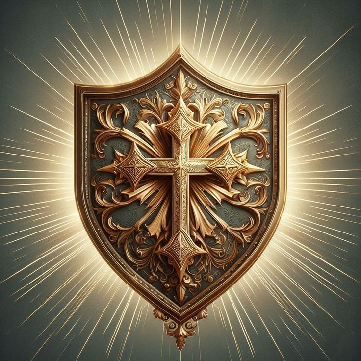 an ornate gold cross on a shield with rays coming from behind it in the center