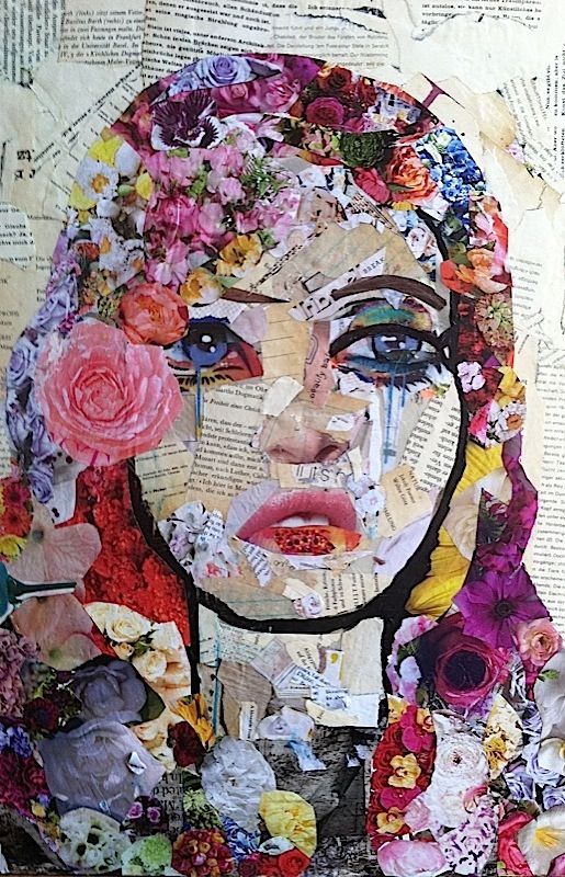 an altered collage of a woman's face surrounded by flowers and newspaper pages