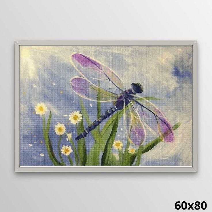 a painting of a dragonfly sitting on top of flowers