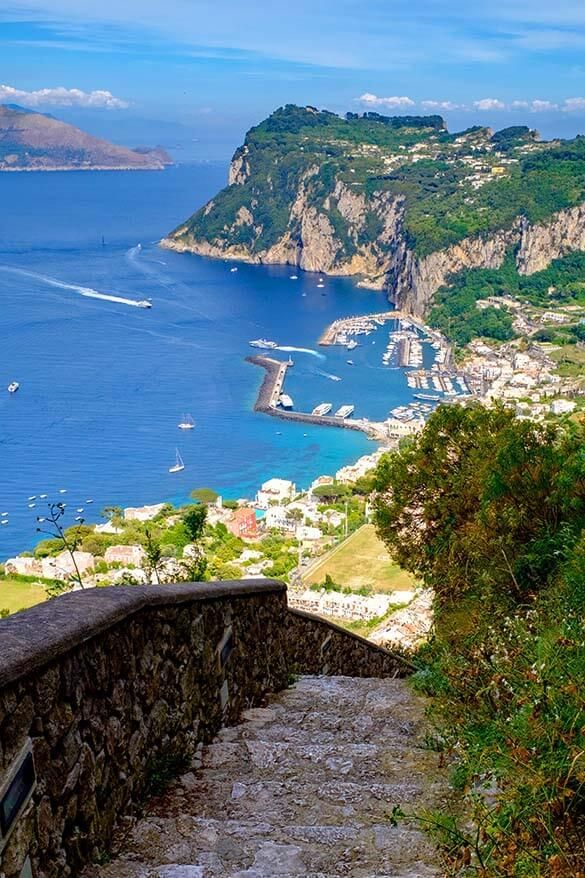 stairs lead down to the beach and ocean from an overlook point in capri ...