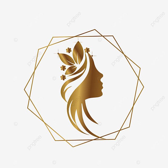 a woman's face with flowers in her hair and leaves on the side, logo design