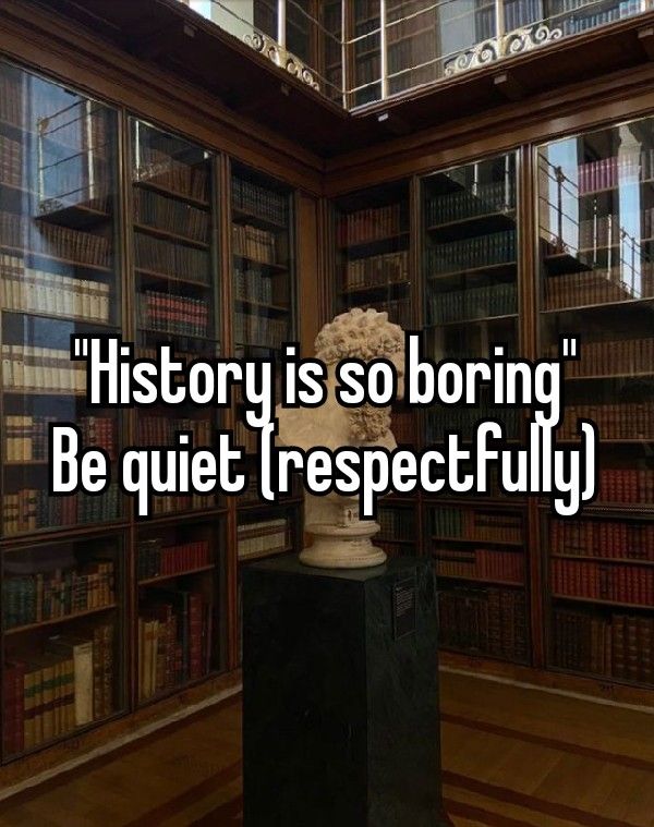 a bust in front of a bookcase with the words history is so boring be quiet respectful