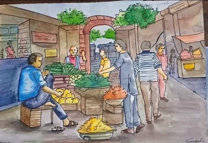 a drawing of people shopping in an outdoor market