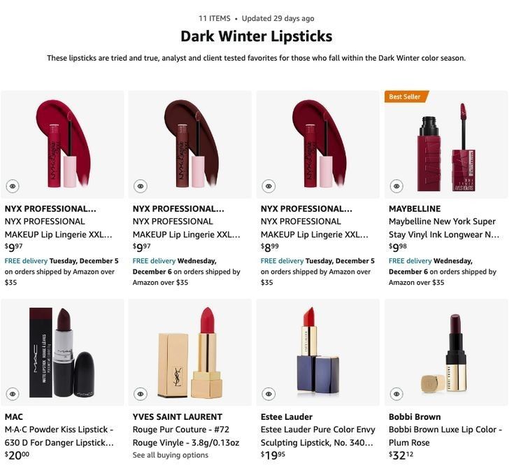 Deep Winter Drugstore Lipstick, Deep Winter Lipstick Shades, Dark Winter Lipstick Colors, Dark Winter Makeup Products, Dark Winter Makeup Palette, Deep Autumn Lipstick Colors, Dark Winter Color Analysis, Dark Winter Color Palette Makeup, Deep Winter Makeup Palette