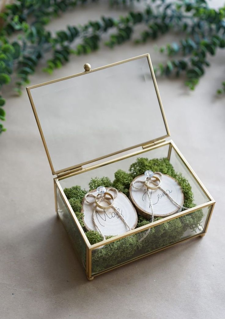 two baby shoes in a glass box with moss