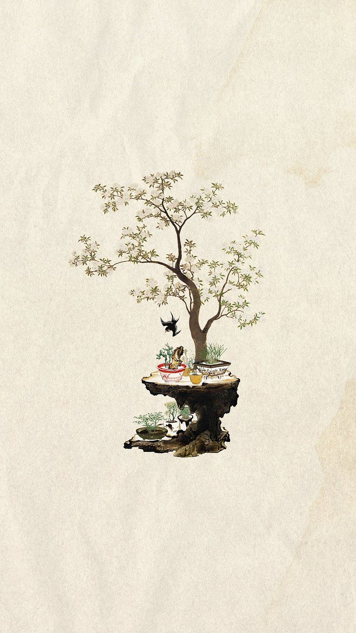 a bonsai tree with birds flying around it